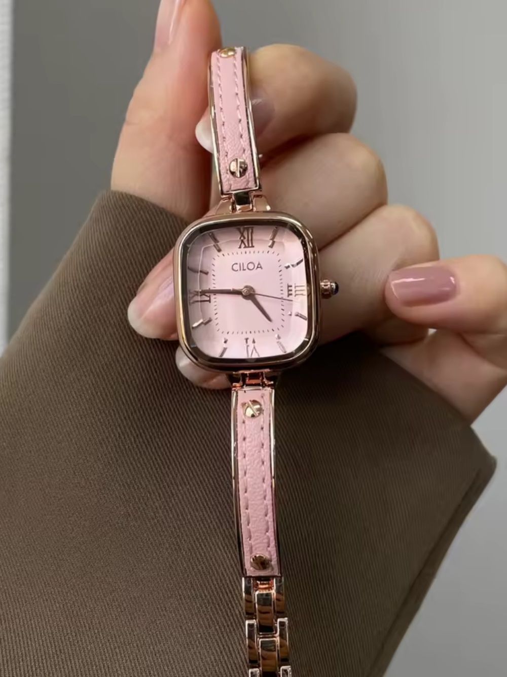 CILOA Pink Square Dial Women's Leather Strap Watch